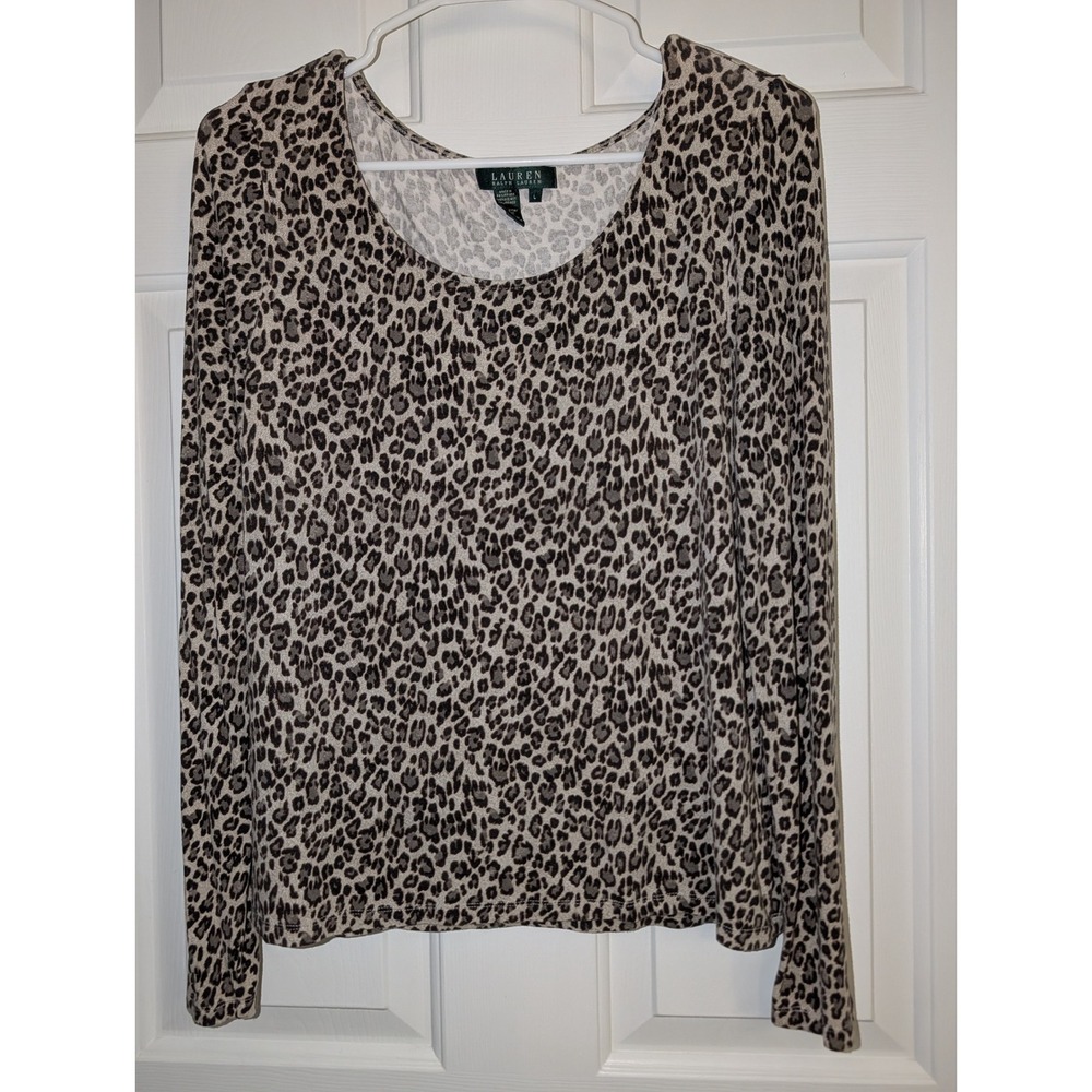 Lauren Ralph Lauren Leopard Print Long Sleeve Scoop Neck Top Tan Black Large